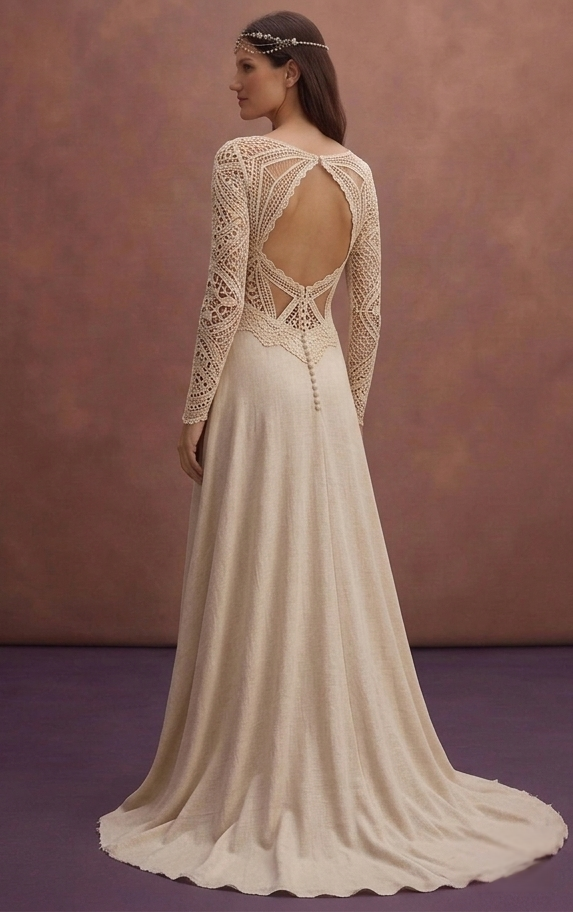 Champagne Boho Wedding Dress with Crochet Lace Bodice