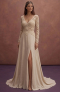 Champagne Boho Wedding Dress with Crochet Lace Bodice