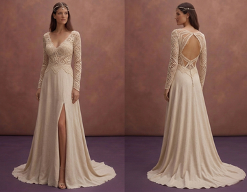 Champagne Boho Wedding Dress with Crochet Lace Bodice
