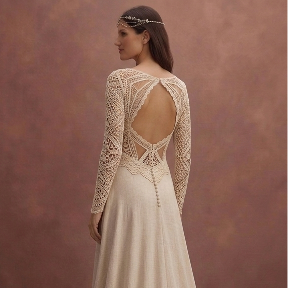 Champagne Boho Wedding Dress with Crochet Lace Bodice