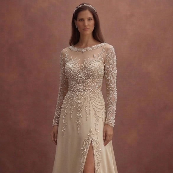 Champagne Bridal Dress with Delicate Pearl Embroidery