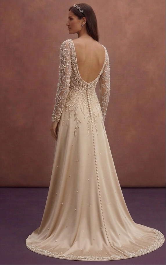 Champagne Bridal Dress with Delicate Pearl Embroidery