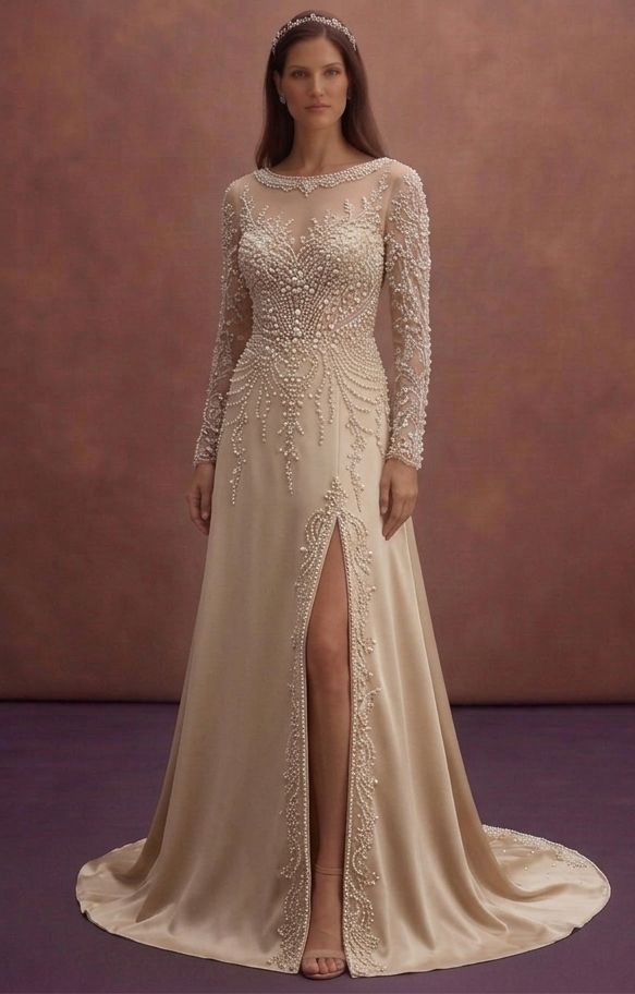 Champagne Bridal Dress with Delicate Pearl Embroidery