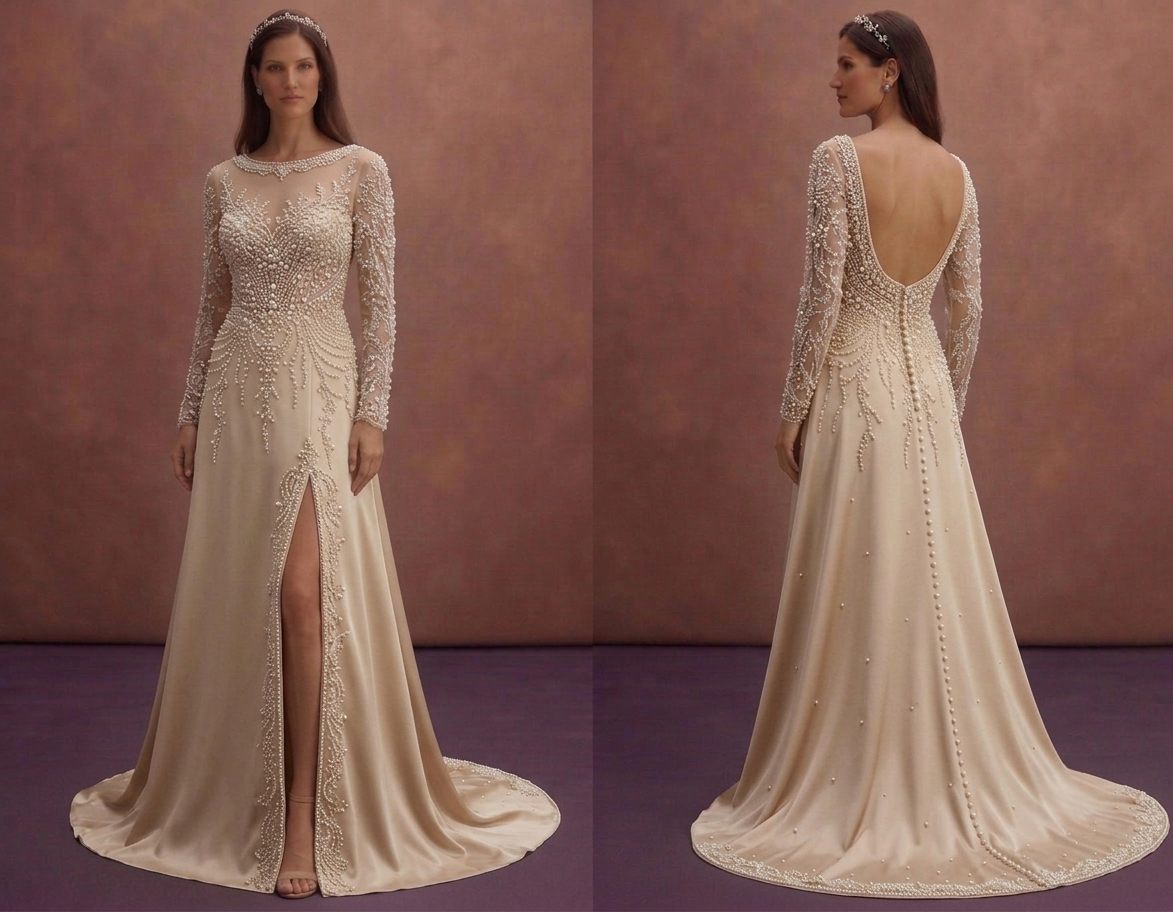 Champagne Bridal Dress with Delicate Pearl Embroidery
