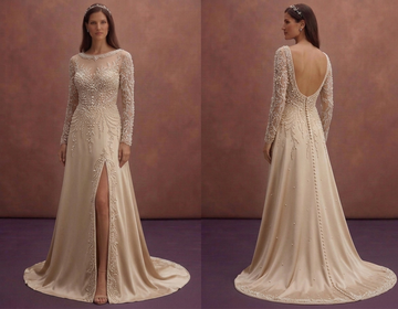 Champagne Bridal Dress with Delicate Pearl Embroidery
