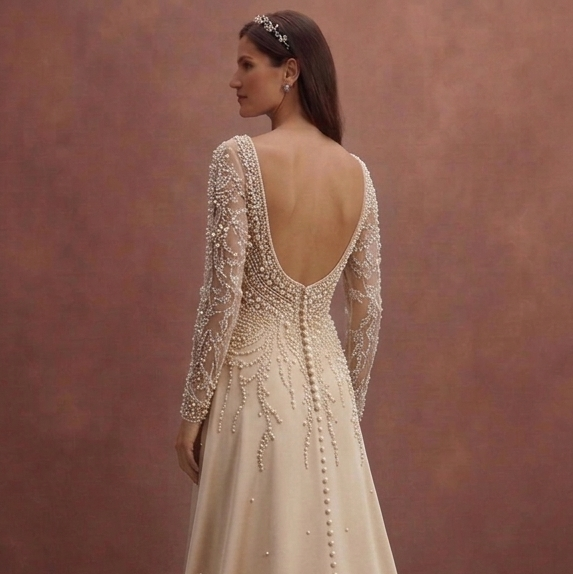 Champagne Bridal Dress with Delicate Pearl Embroidery