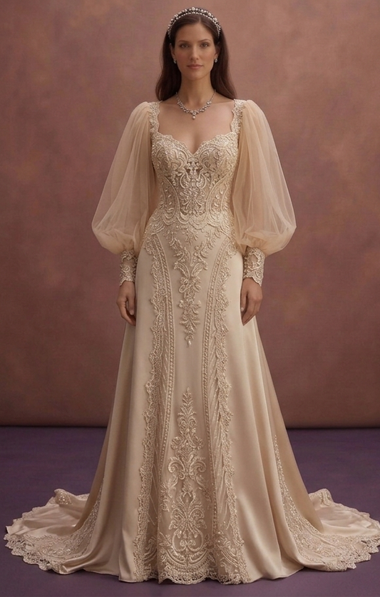 Champagne Bridal Gown with Detachable Tulle Sleeves