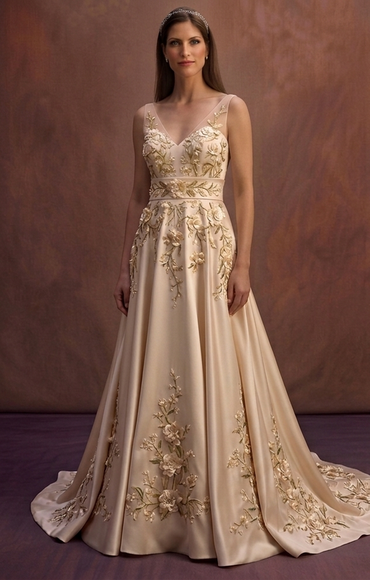 Champagne Bridal Gown with Elegant Floral Embroidery