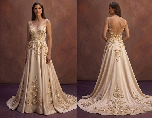Champagne Bridal Gown with Elegant Floral Embroidery