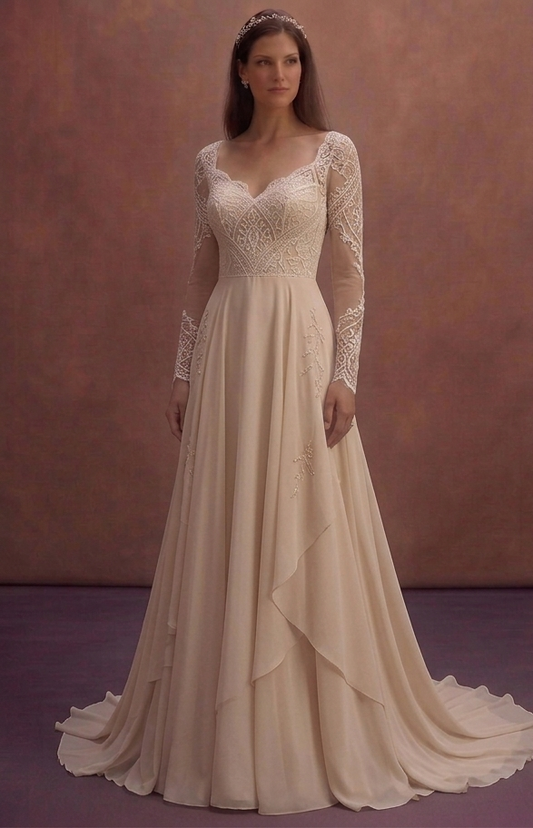 Champagne Chiffon A-Line Wedding Dress with Lace Sleeves
