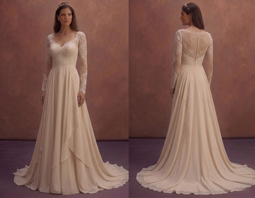 Champagne Chiffon A-Line Wedding Dress with Lace Sleeves