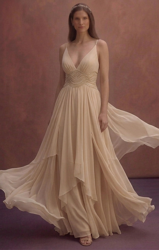 Champagne Chiffon Beach Wedding Dress with Lightweight Flow