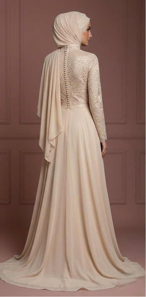 Champagne Chiffon Flowing Gown – Hijab Muslim Bridal Wedding Dress
