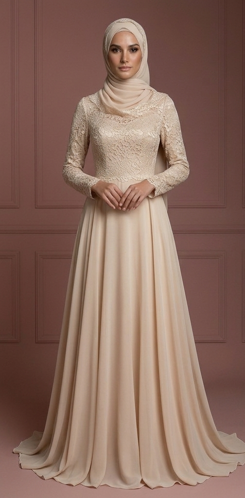 Champagne Chiffon Flowing Gown – Hijab Muslim Bridal Wedding Dress