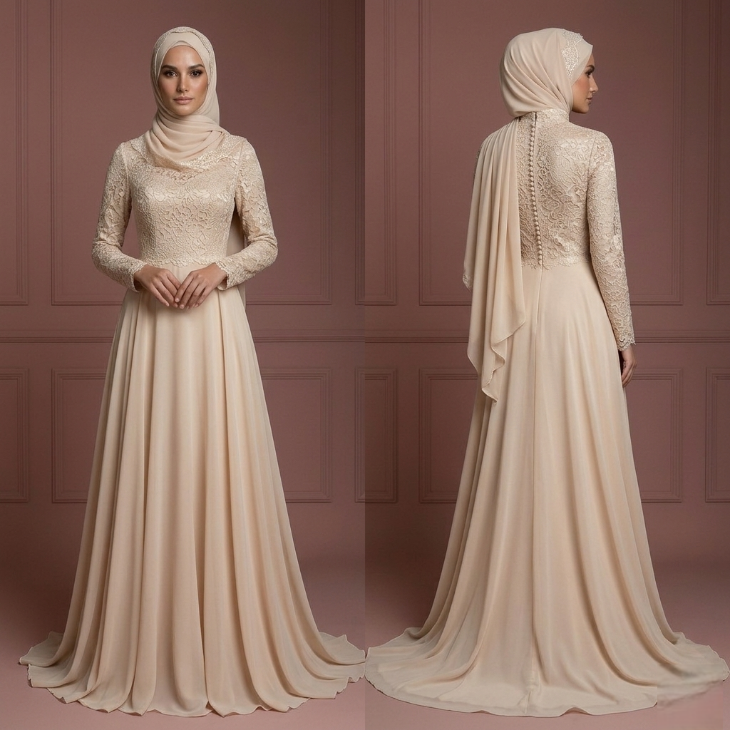 Champagne Chiffon Flowing Gown – Hijab Muslim Bridal Wedding Dress