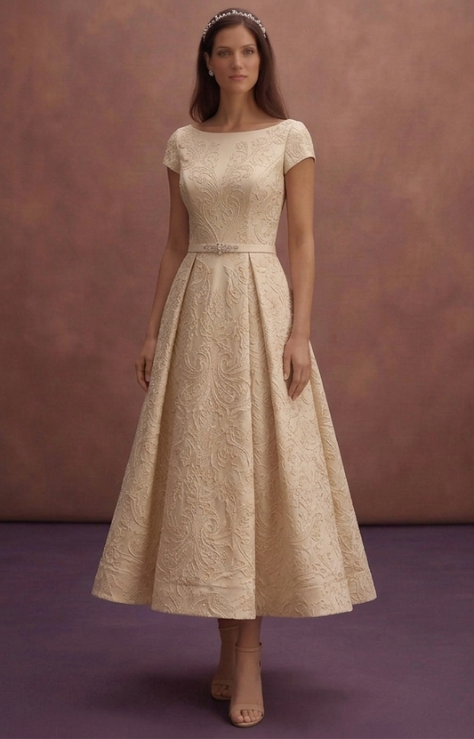 Champagne Court Wedding Dress with Chic Tea Length Hem