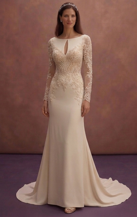 Champagne Crepe Wedding Dress with Elegant Flowing Train