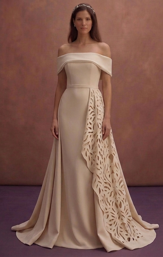 Champagne Crepe Wedding Dress with Elegant Flowing Train