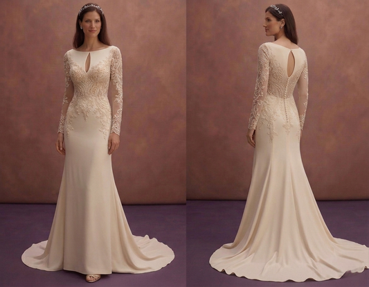 Champagne Crepe Wedding Dress with Elegant Flowing Train