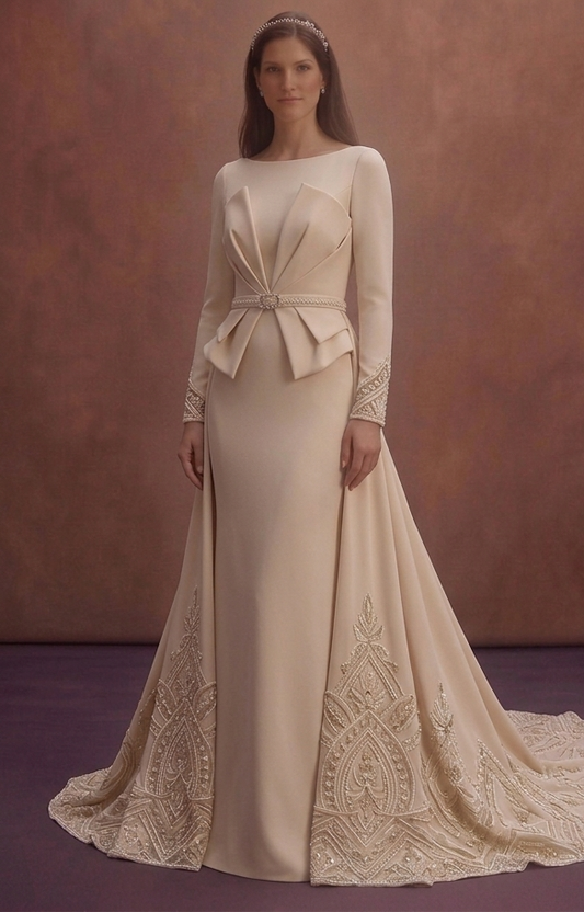 Champagne Crepe Wedding Dress with Elegant Train