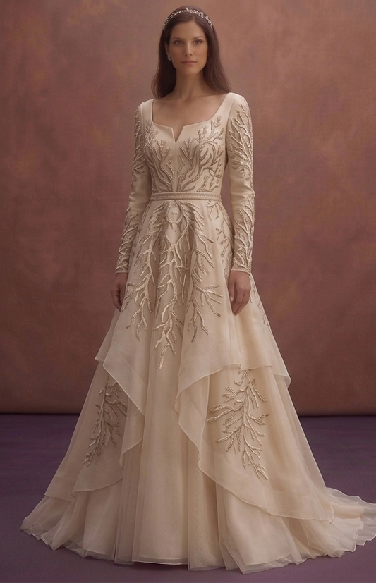 Champagne Elegant Bridal Dress with Long Sleeve Design