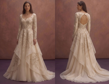 Champagne Elegant Bridal Dress with Long Sleeve Design