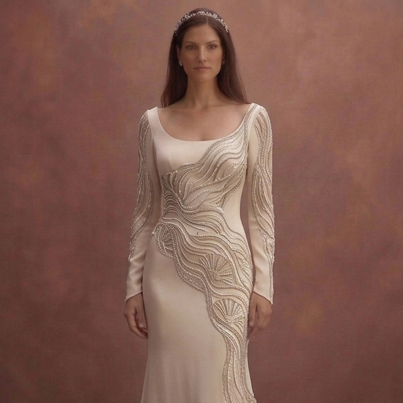 Champagne Elegant Bridal Dress with Long Sleeve Silhouette