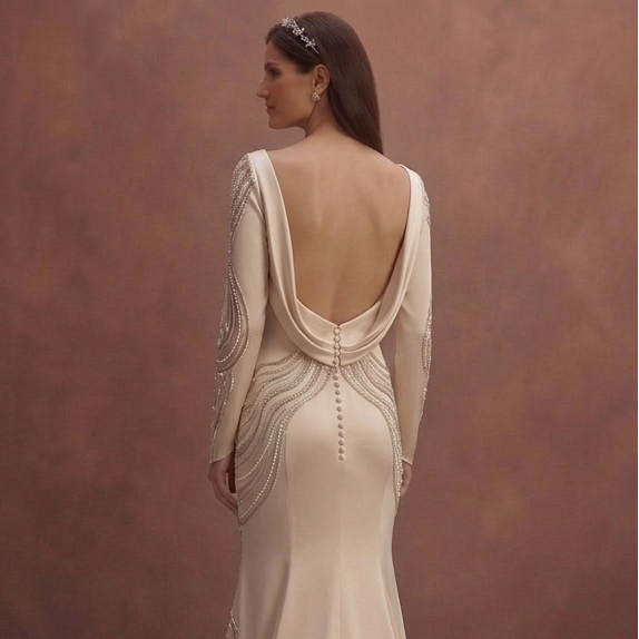 Champagne Elegant Bridal Dress with Long Sleeve Silhouette