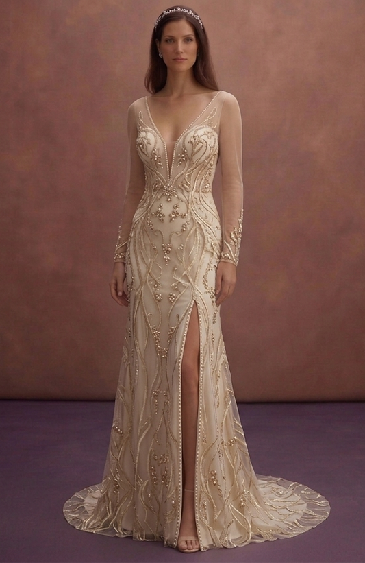 Champagne Elegant Bridal Dress with Long Sleeves