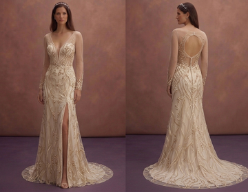 Champagne Elegant Bridal Dress with Long Sleeves