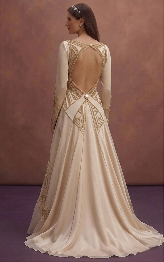 Champagne Elegant Wedding Dress with Open Back Design