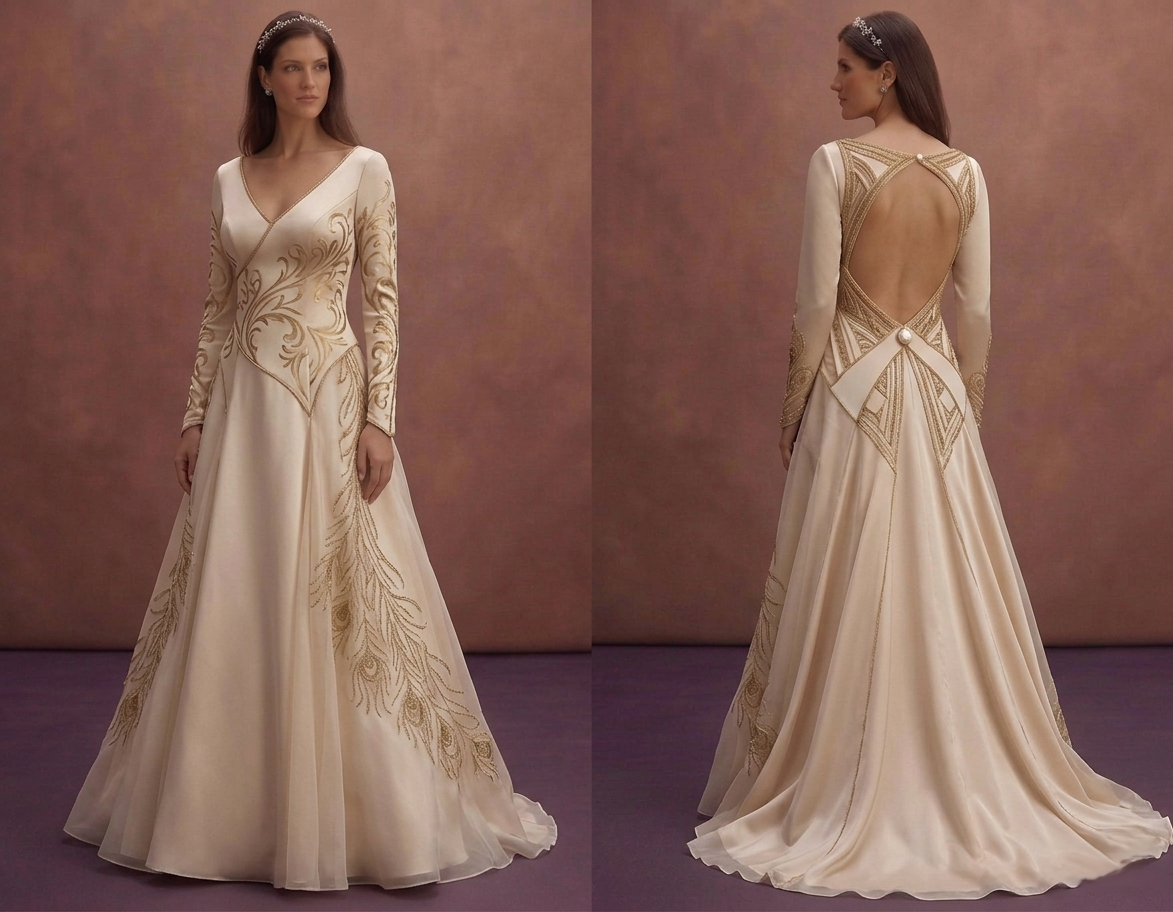 Champagne Elegant Wedding Dress with Open Back Design