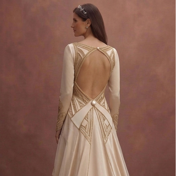 Champagne Elegant Wedding Dress with Open Back Design