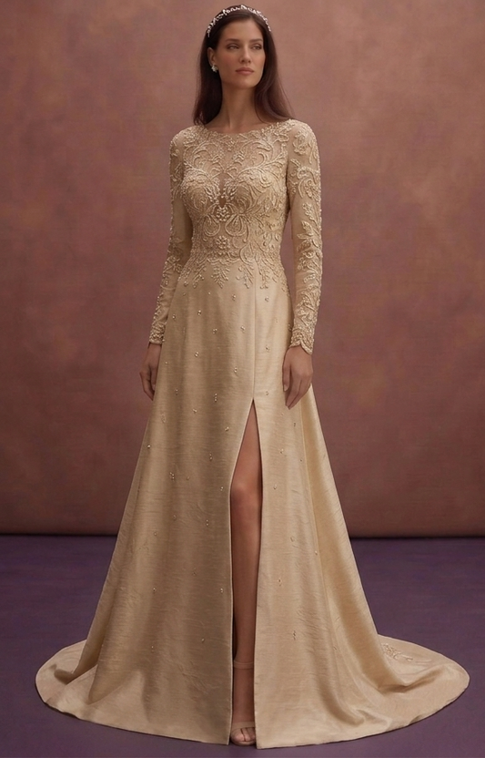 Champagne Elegant Wedding Dress with Open Back Detail