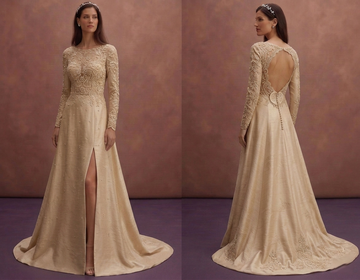 Champagne Elegant Wedding Dress with Open Back Detail