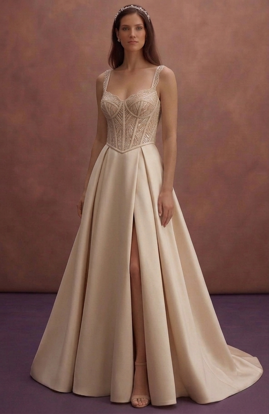 Champagne Elegant Wedding Dress with Structured Corset Fit
