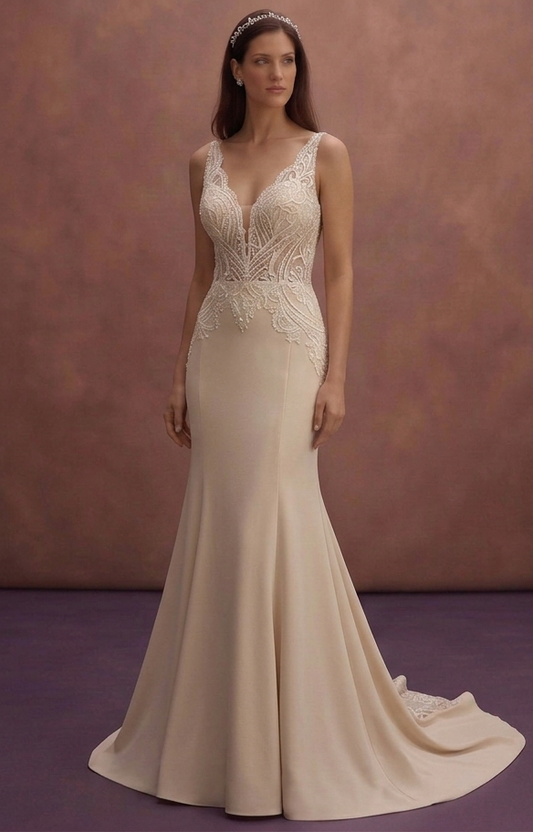 Champagne Fit and Flare Bridal Dress with Lace Bodice