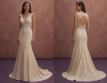 Champagne Fit and Flare Bridal Dress with Lace Bodice