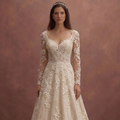 Champagne Floral Lace A-Line Wedding Dress with Elegant Train