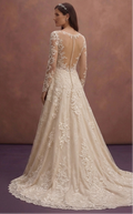 Champagne Floral Lace A-Line Wedding Dress with Elegant Train