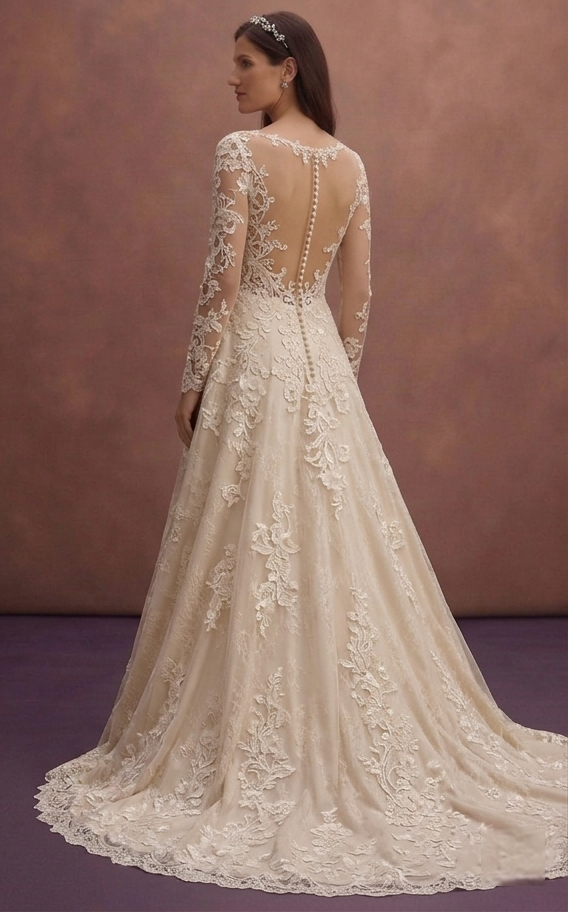 Champagne Floral Lace A-Line Wedding Dress with Elegant Train