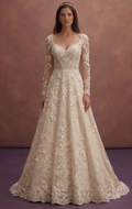 Champagne Floral Lace A-Line Wedding Dress with Elegant Train