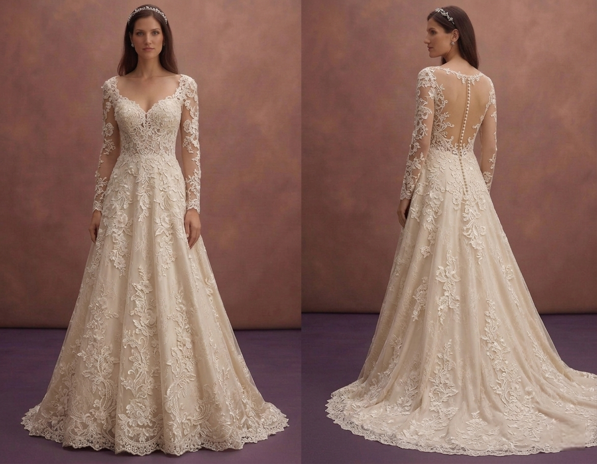 Champagne Floral Lace A-Line Wedding Dress with Elegant Train