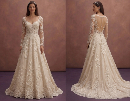 Champagne Floral Lace A-Line Wedding Dress with Elegant Train