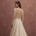 Champagne Floral Lace A-Line Wedding Dress with Elegant Train