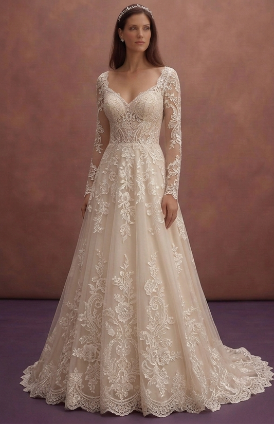Champagne Floral Lace A-Line Wedding Dress with Train
