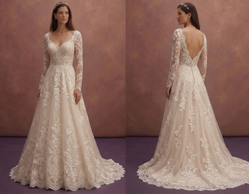 Champagne Floral Lace A-Line Wedding Dress with Train
