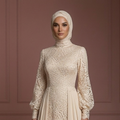 Champagne Flowing Wedding Dress – Lace Modest Hijab Style Muslim