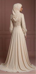 Champagne Flowing Wedding Dress – Lace Modest Hijab Style Muslim