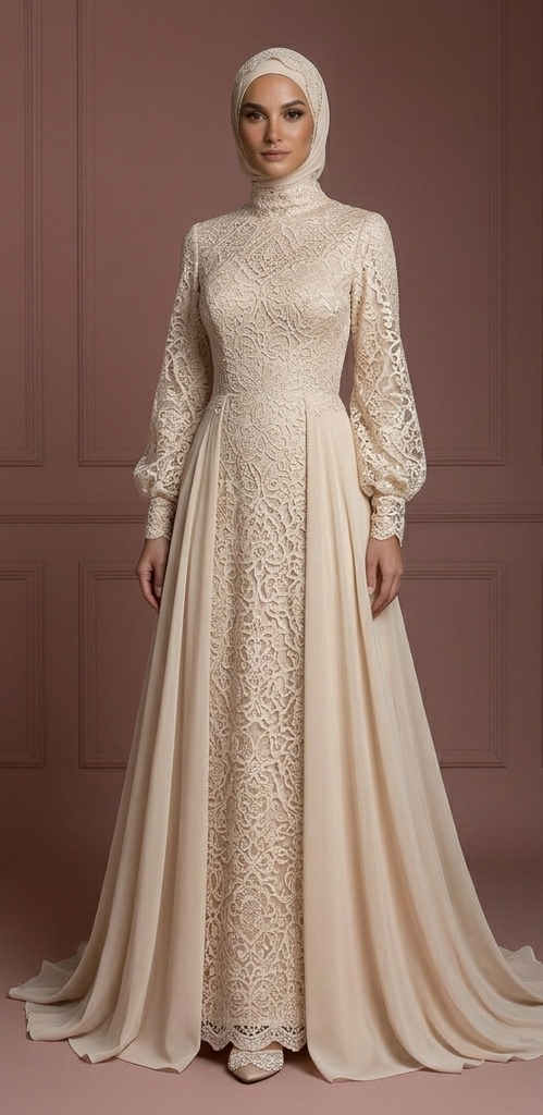 Champagne Flowing Wedding Dress – Lace Modest Hijab Style Muslim